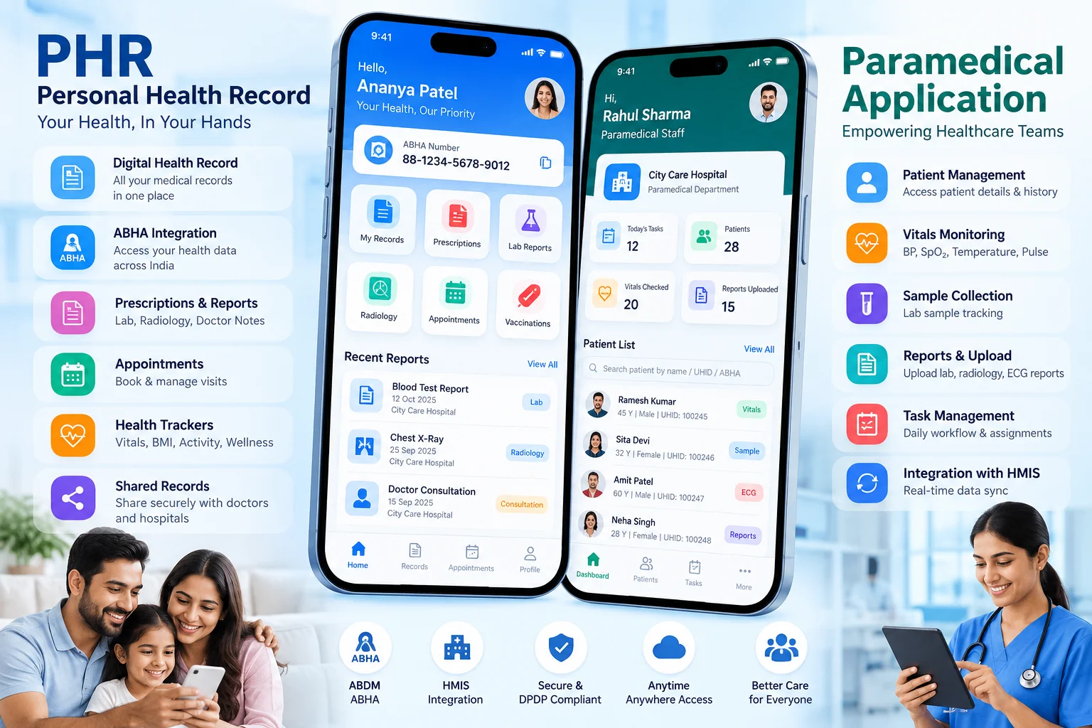 The PHR app for patients, showing ABHA number, records and reports, beside the ParaMedical app for staff, showing patient list, vitals and tasks