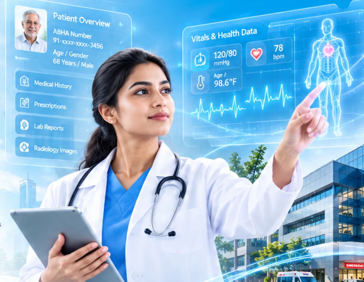 A doctor holding a tablet beside holographic patient records and health data